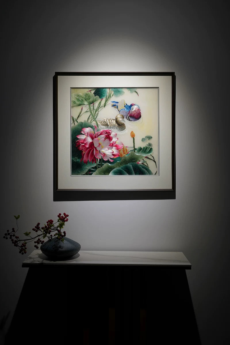 Hand‑Stitched Embroidery** Lotus Pond Sweet Couple‑Square