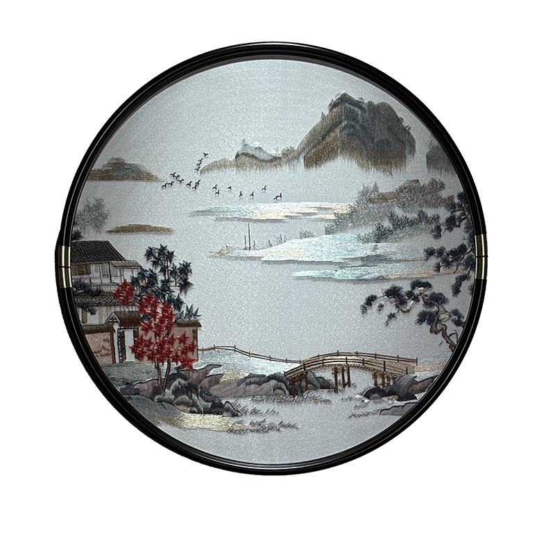 苏绣挂画新中式客厅手工刺绣画玄关卧室圆形装饰画《山水间》