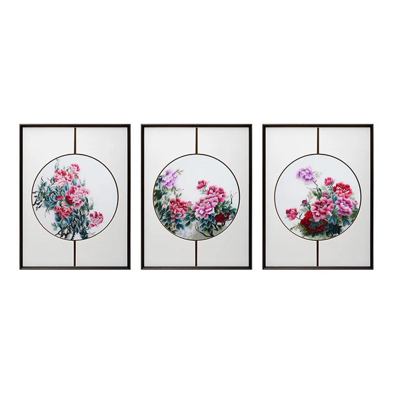 Handmade Su Embroidery - Peony Triptych