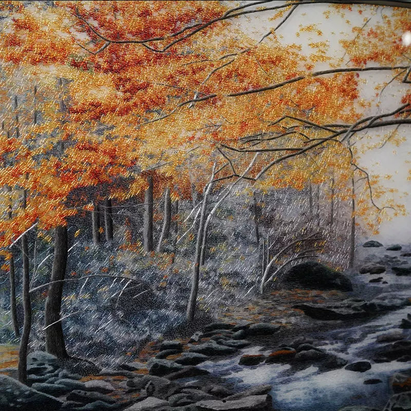 Silk Embroidery Fall Foliage Creek Landscape Art