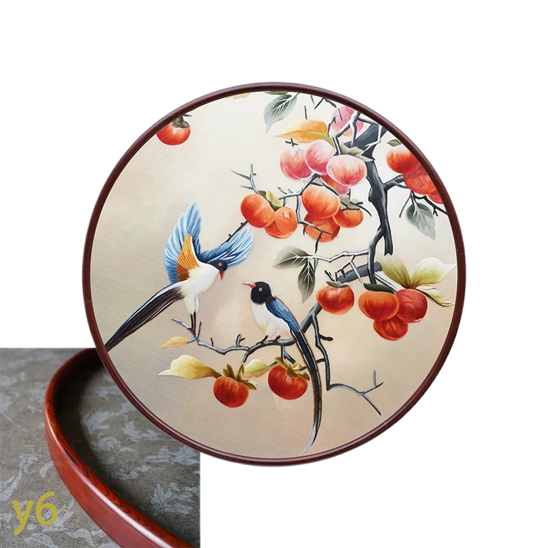 Round-Framed Suzhou Embroidery Persimmon Wall Hanging, Auspicious Chinese Art