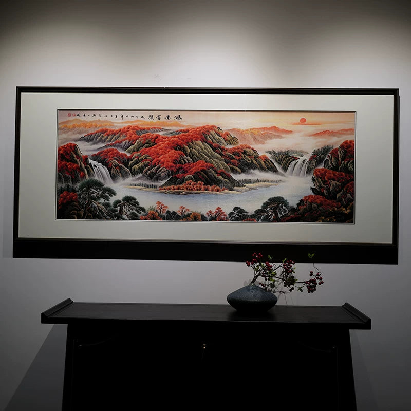 Handmade Artisan Embroidery** Horizontal Auspicious Red Mountain Landscape