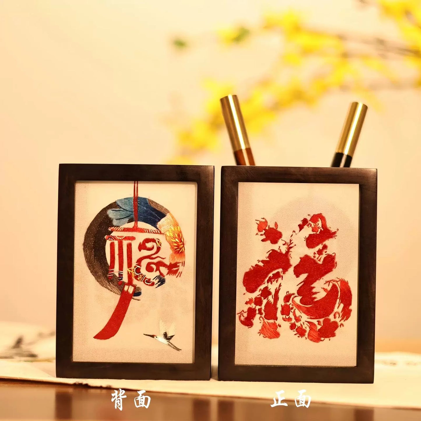 湘绣摆件紫光檀木笔筒手工刺绣双面绣创意中国风企业礼物礼品苏绣