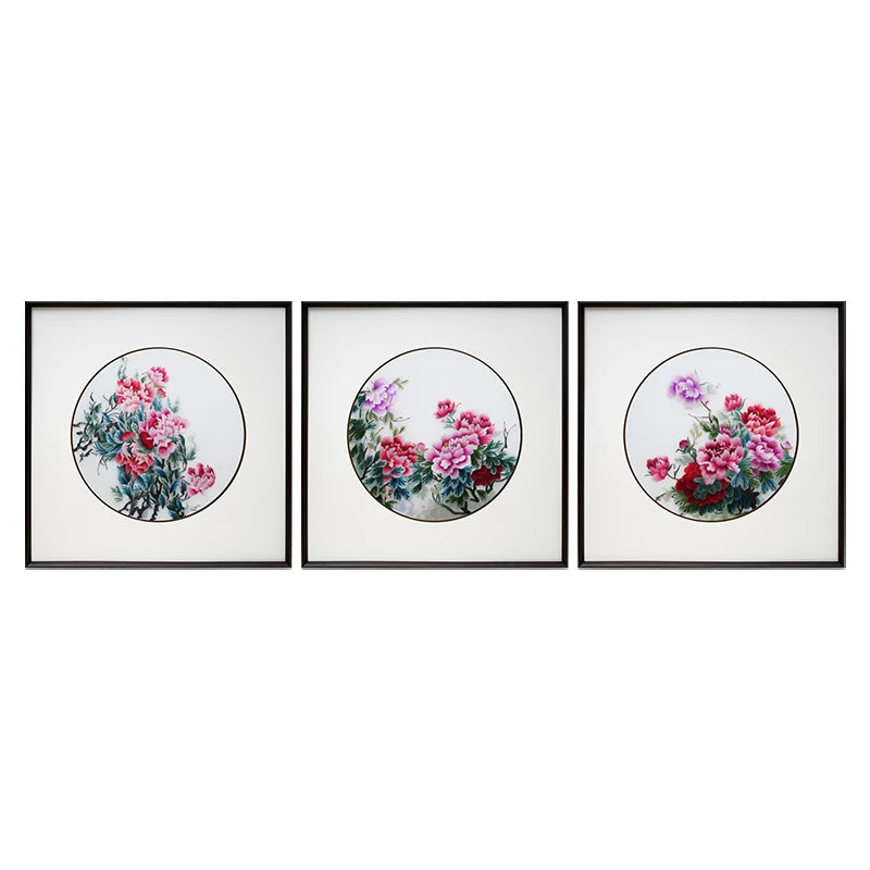 Handmade Su Embroidery - Peony Triptych