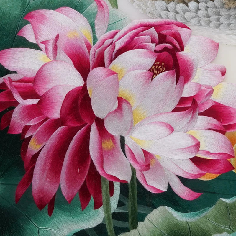 Hand‑Stitched Embroidery** Lotus Pond Sweet Couple‑Square