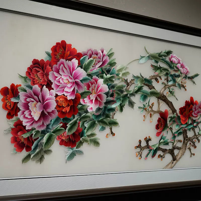 Silk Embroidery Chinese Peony Flower Wall Decor