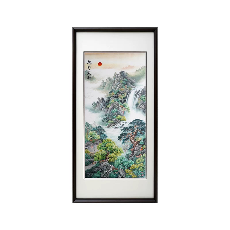 Hand‑Stitched Embroidery- Sunrise Over Green Hills‑Vertical Wall Piece