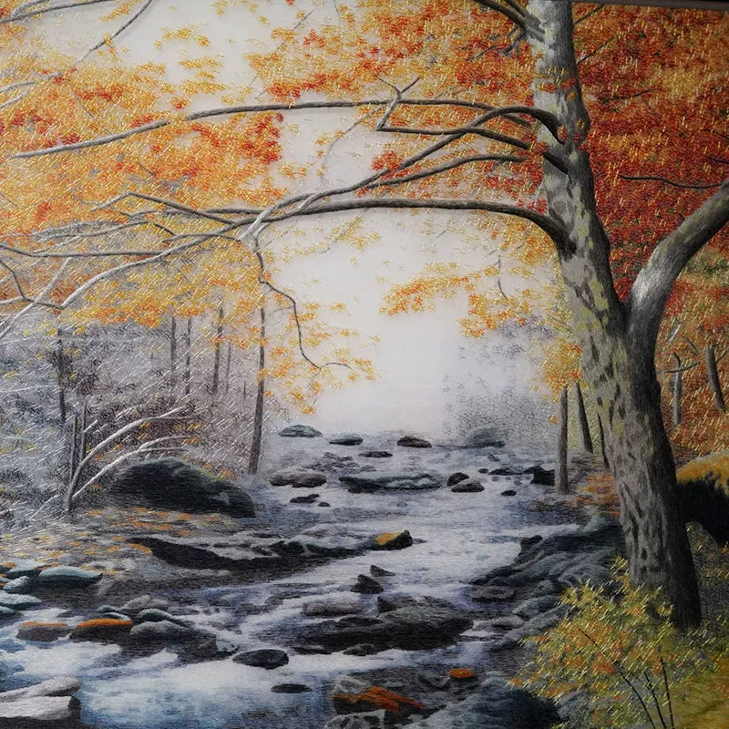 Silk Embroidery Fall Foliage Creek Landscape Art