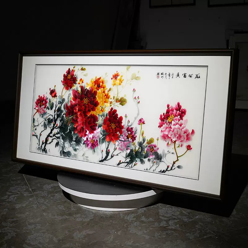 Silk Embroidery Chinese Blooming Peony Wall Decor