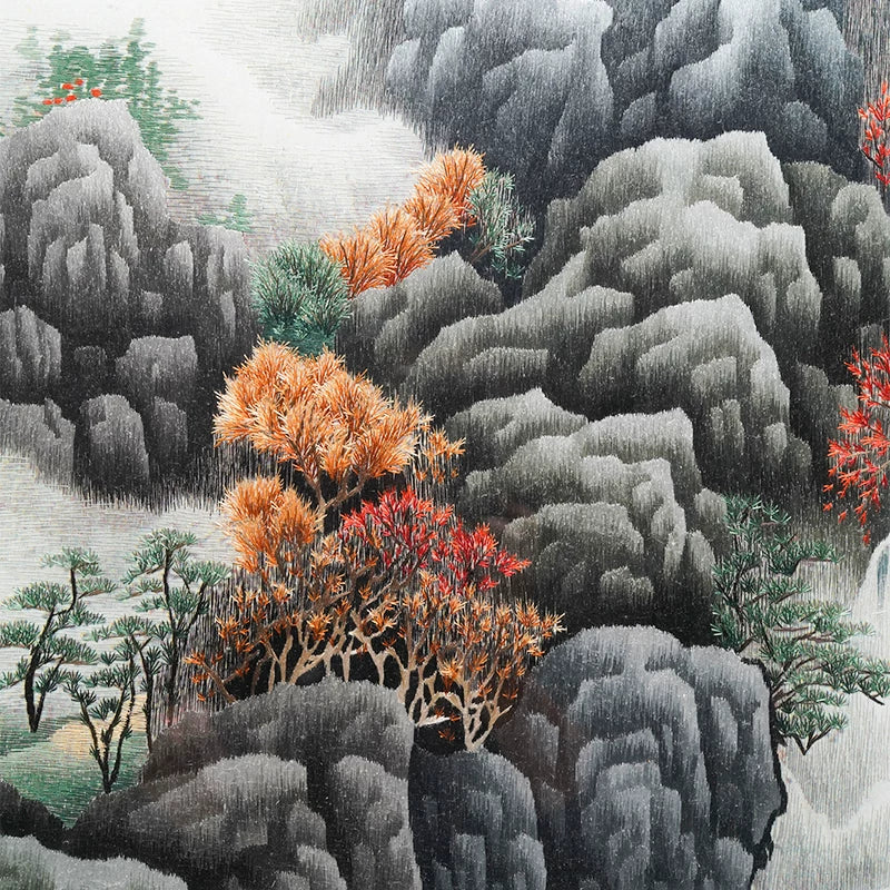 Hand‑Stitched Embroidery** Elegant Mountain Dwelling‑Horizontal