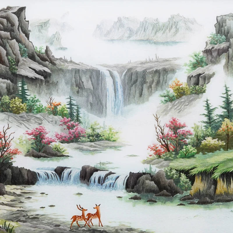 Hand‑Stitched Embroidery** Green Mountain Fortune Landscape, Elevate Your Home Style