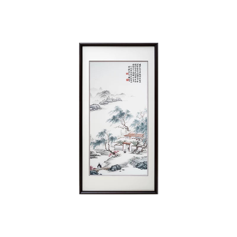 Tranquil Mountain Dwelling Hand Embroidery, Oriental Ink‑Wash Wall Art