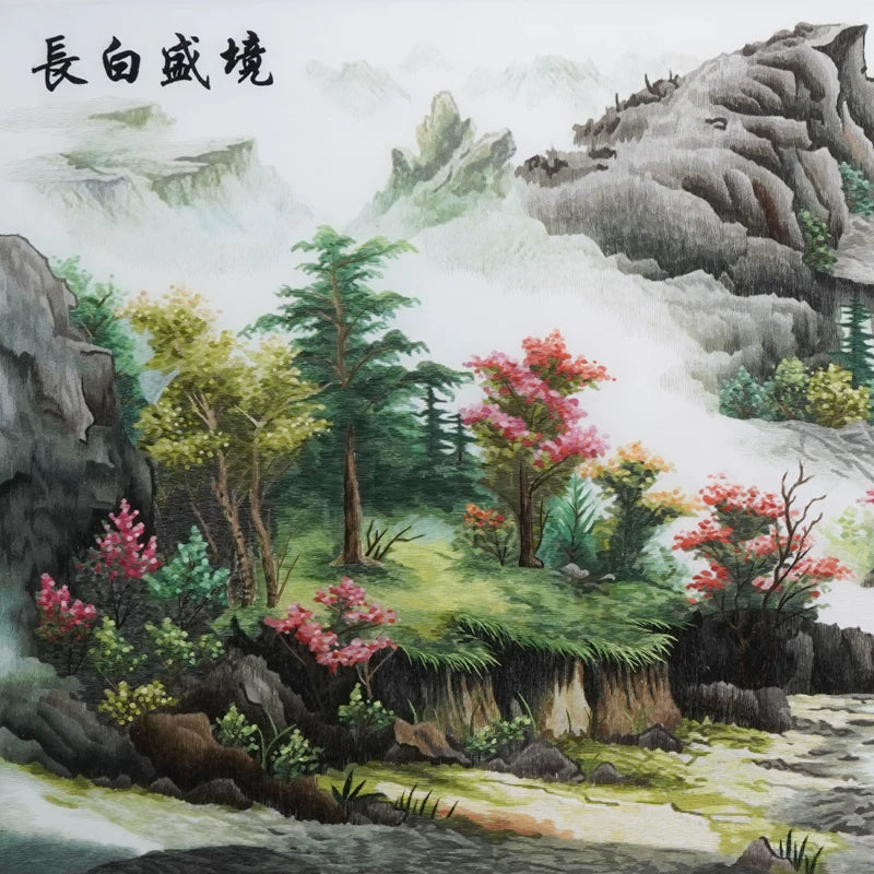 Hand‑Stitched Embroidery** Green Mountain Fortune Landscape, Elevate Your Home Style
