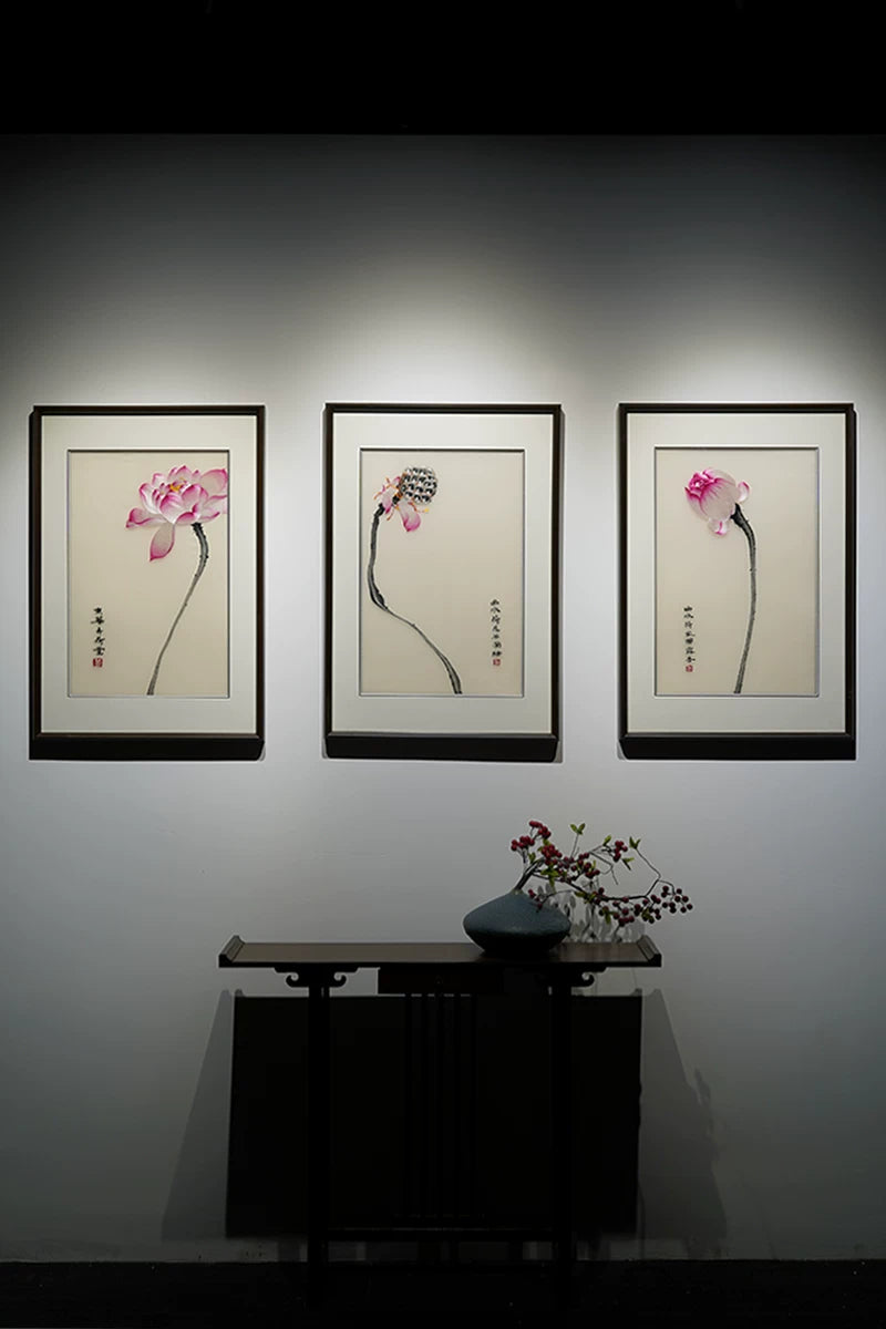 Elegant Lotus Charm‑3‑Panel Ink‑Style Wall Decor