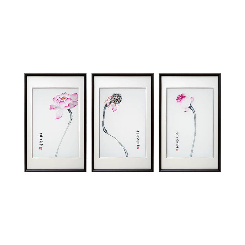 Elegant Lotus Charm‑3‑Panel Ink‑Style Wall Decor