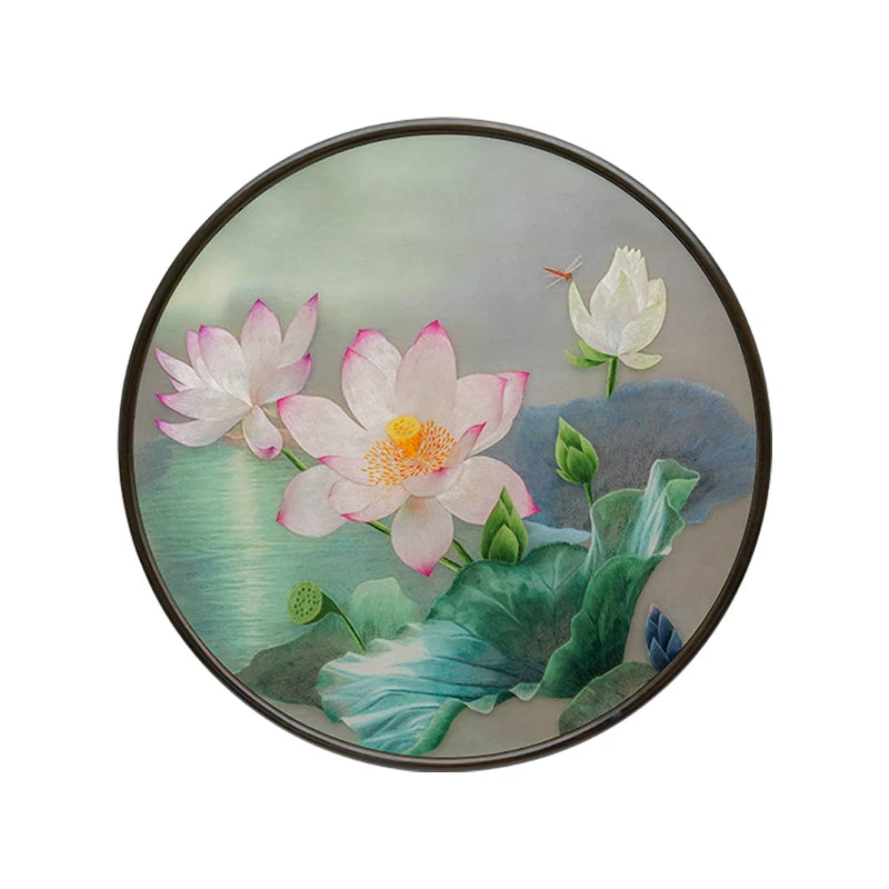 Handmade Suzhou Embroidery Round Lotus Wall Art,