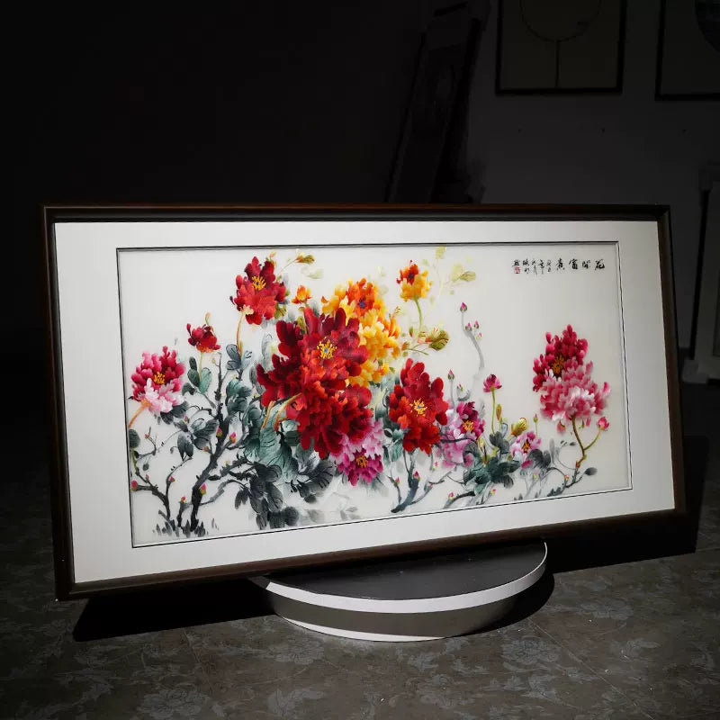 Silk Embroidery Chinese Blooming Peony Wall Decor