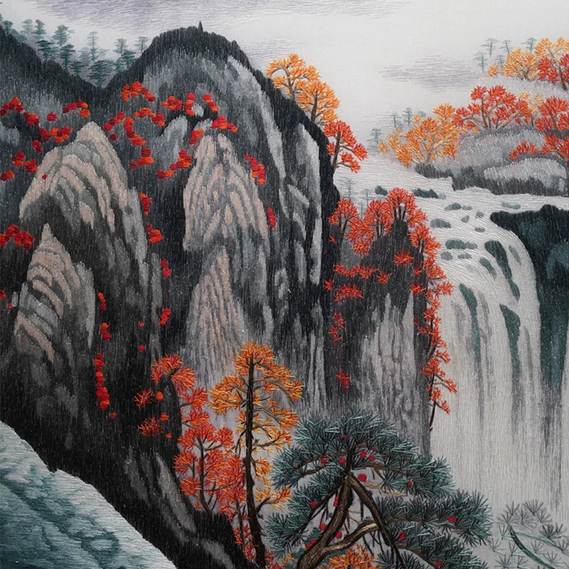 Hand‑Stitched Embroidery** Autumn Mountain Cascade‑Horizontal