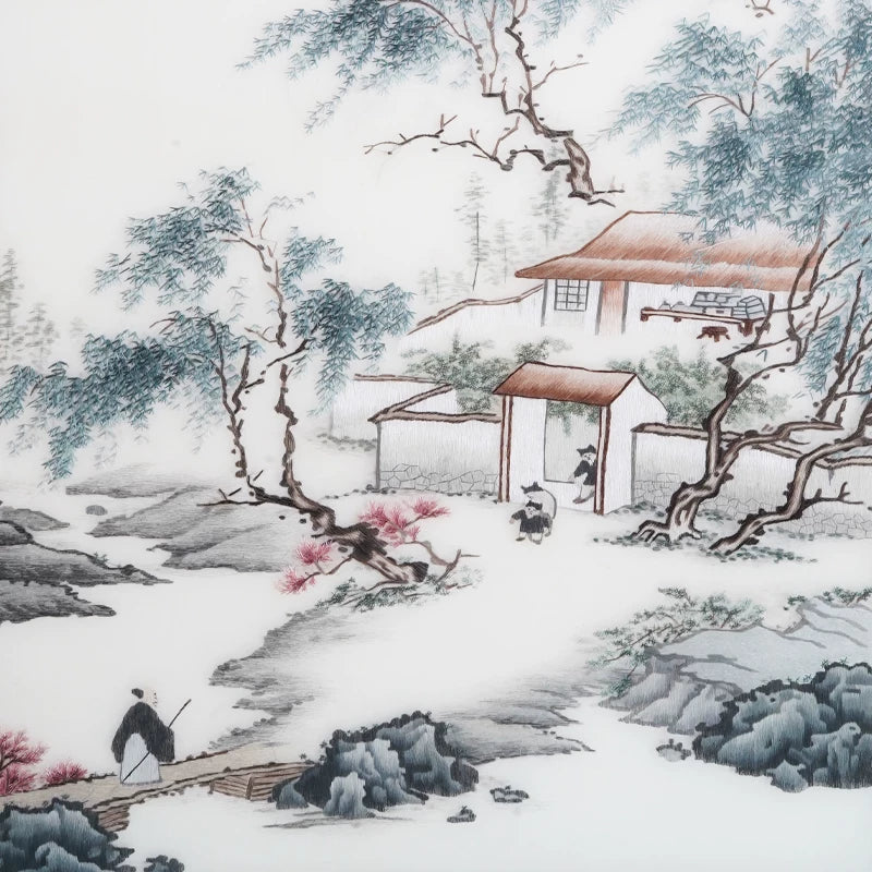 Tranquil Mountain Dwelling Hand Embroidery, Oriental Ink‑Wash Wall Art