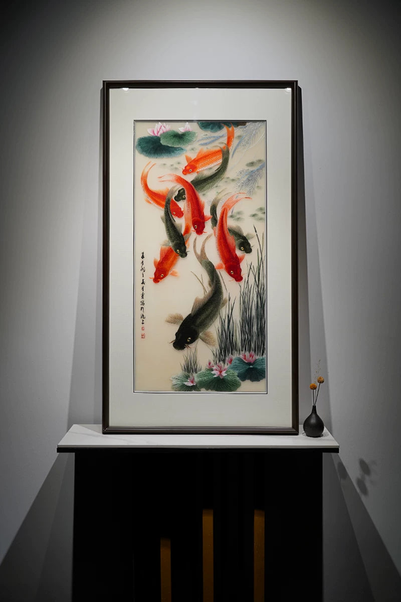 Nine Koi Blessing‑Vertical Koi Lotus Wall Decor