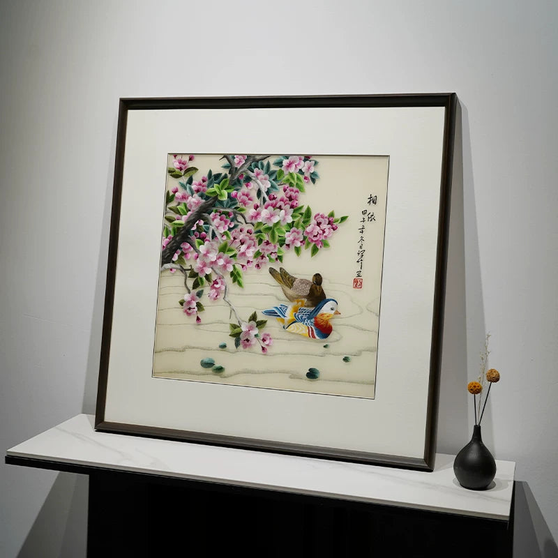 Loving Pair‑Square Peach Blossom Mandarin Duck Wall Decor