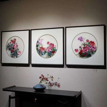 Handmade Su Embroidery - Peony Triptych