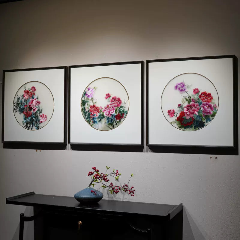 Handmade Su Embroidery - Peony Triptych
