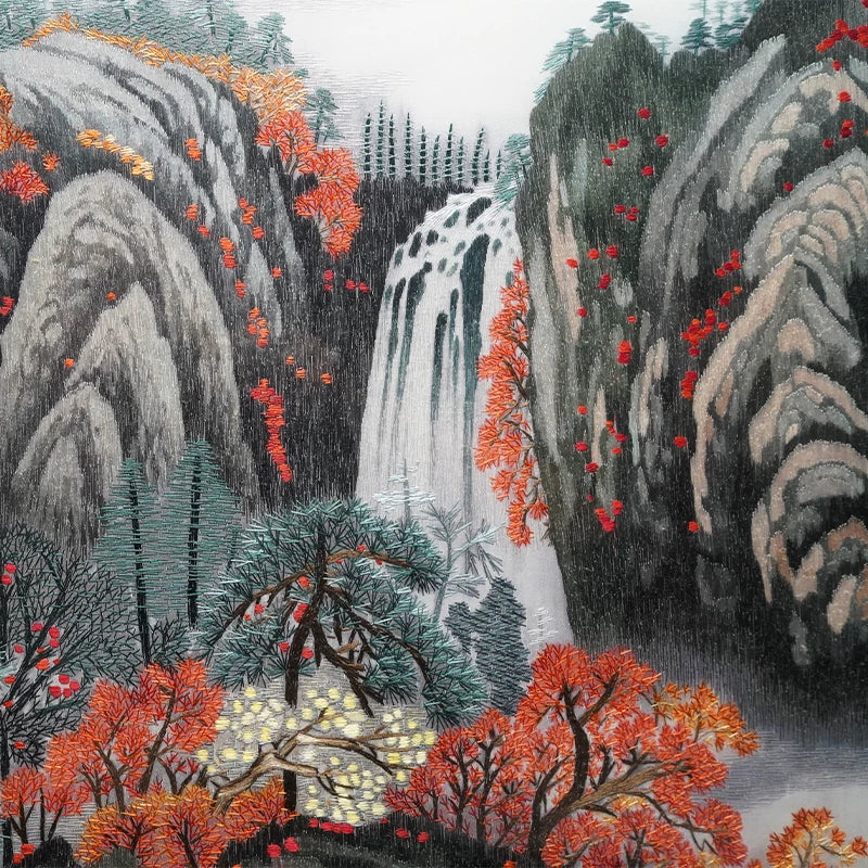 Hand‑Stitched Embroidery** Autumn Mountain Cascade‑Horizontal