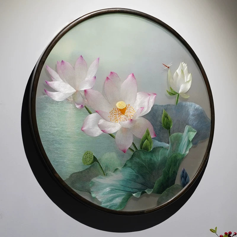 Handmade Suzhou Embroidery Round Lotus Wall Art,