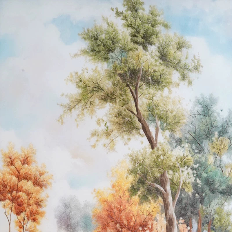 **Handmade Artisan Embroidery** Vertical Autumn Lakeside Scene