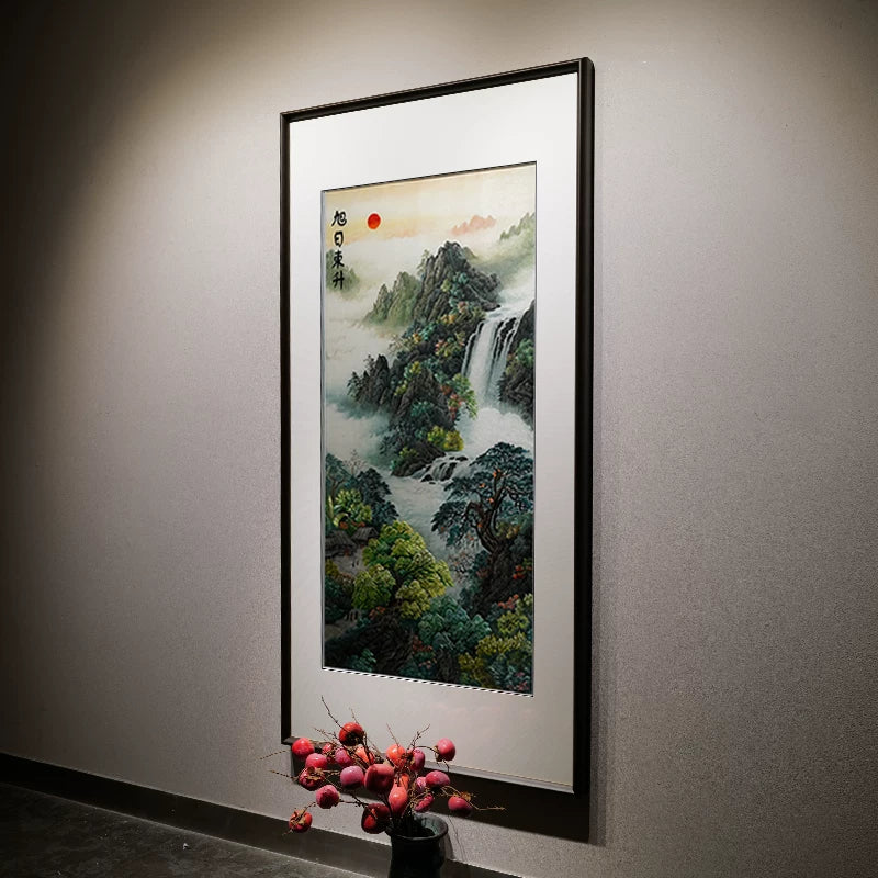 Hand‑Stitched Embroidery- Sunrise Over Green Hills‑Vertical Wall Piece
