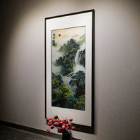 Hand‑Stitched Embroidery- Sunrise Over Green Hills‑Vertical Wall Piece
