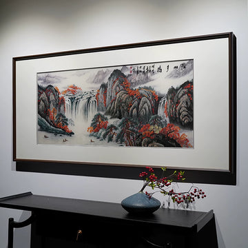 Hand‑Stitched Embroidery** Autumn Mountain Cascade‑Horizontal