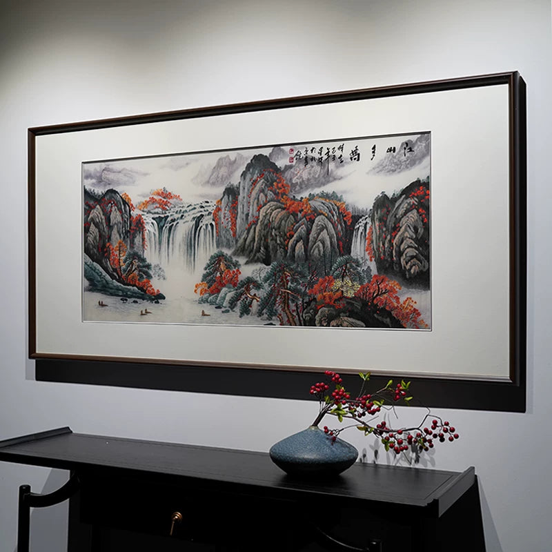 Hand‑Stitched Embroidery** Autumn Mountain Cascade‑Horizontal