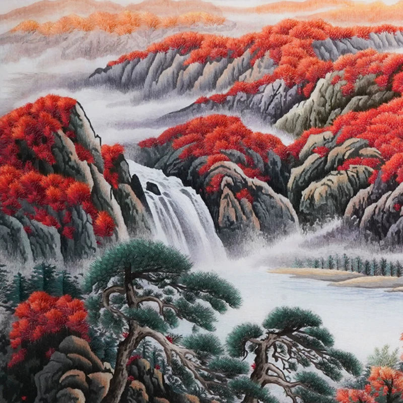 Handmade Artisan Embroidery** Horizontal Auspicious Red Mountain Landscape