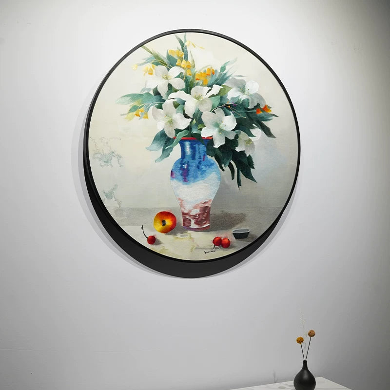 Round‑Framed Suzhou Embroidery Peace Vase Wall Hanging, Chinese Floral Art
