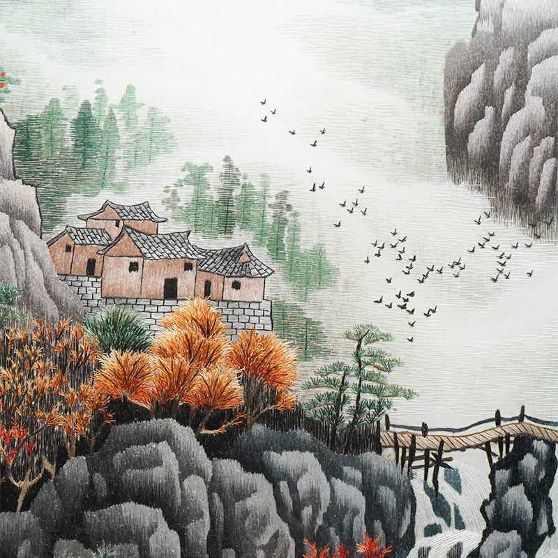 Hand‑Stitched Embroidery** Elegant Mountain Dwelling‑Horizontal