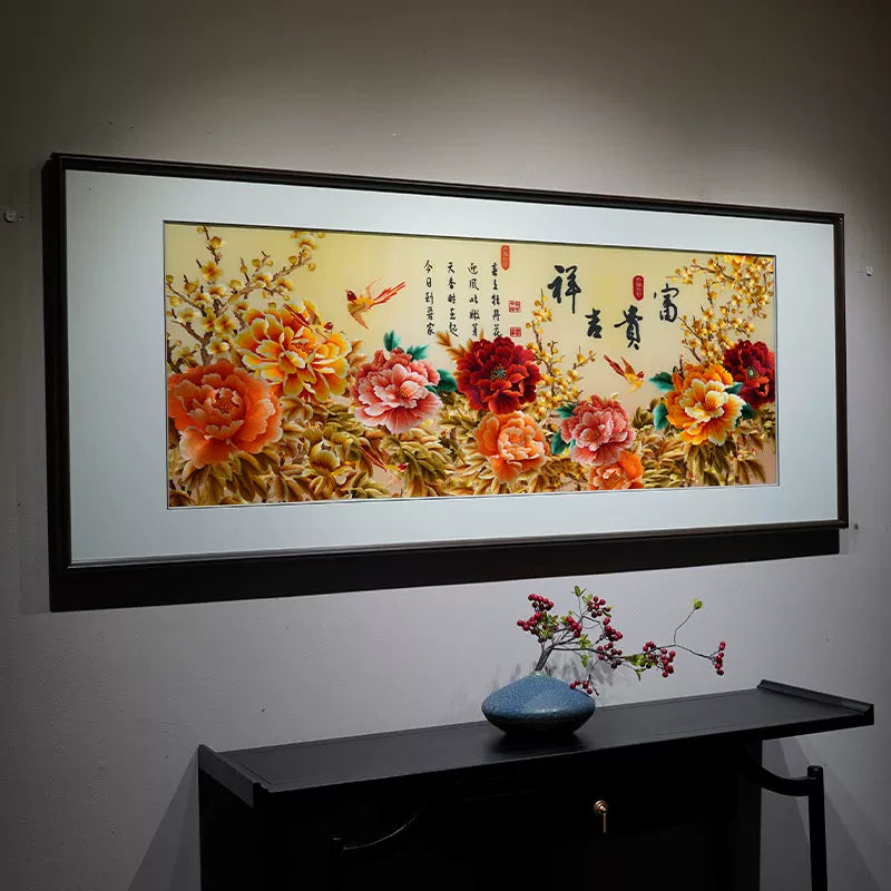 Hand Embroidered Peony Framed Wall Painting