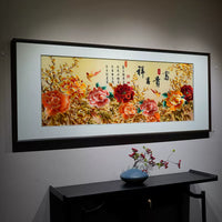 Hand Embroidered Peony Framed Wall Painting