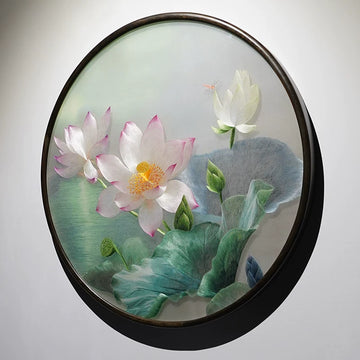 Handmade Suzhou Embroidery Round Lotus Wall Art,