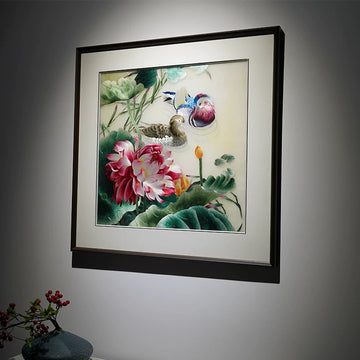 Hand‑Stitched Embroidery** Lotus Pond Sweet Couple‑Square