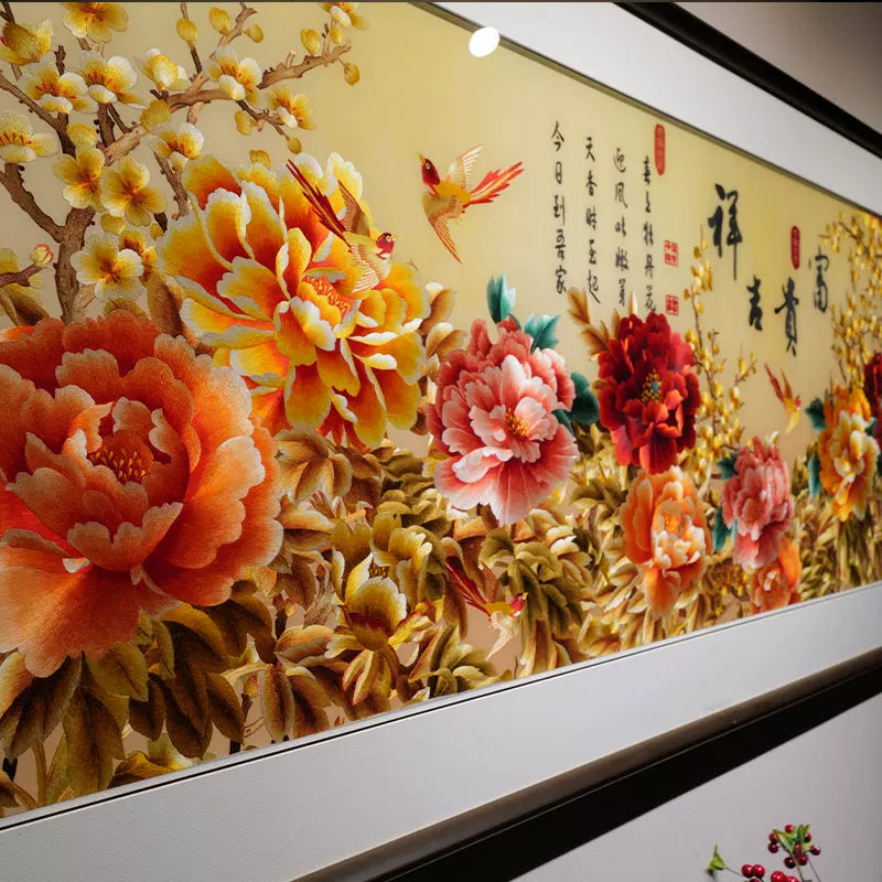 Hand Embroidered Peony Framed Wall Painting