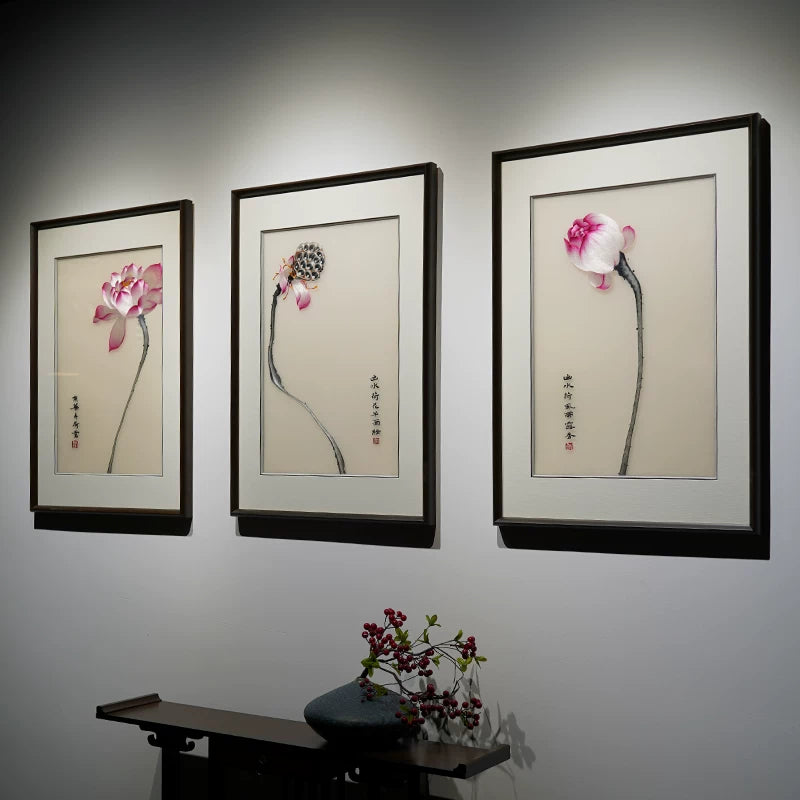 Elegant Lotus Charm‑3‑Panel Ink‑Style Wall Decor