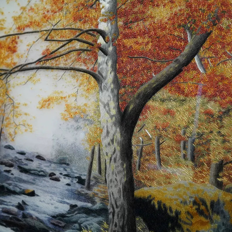 Silk Embroidery Fall Foliage Creek Landscape Art
