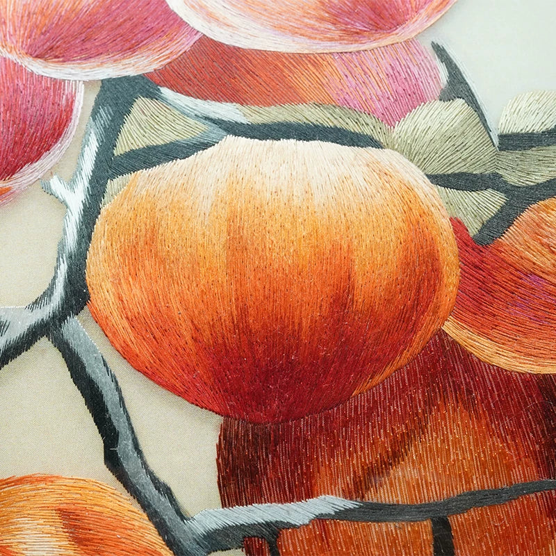 Round-Framed Suzhou Embroidery Persimmon Wall Hanging, Auspicious Chinese Art