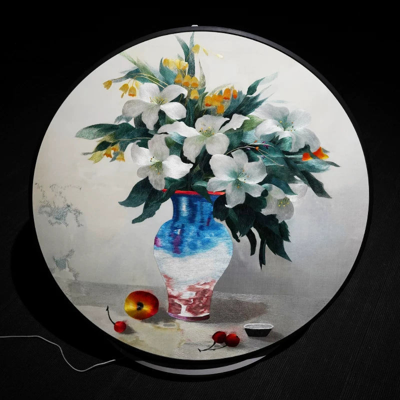 Round‑Framed Suzhou Embroidery Peace Vase Wall Hanging, Chinese Floral Art