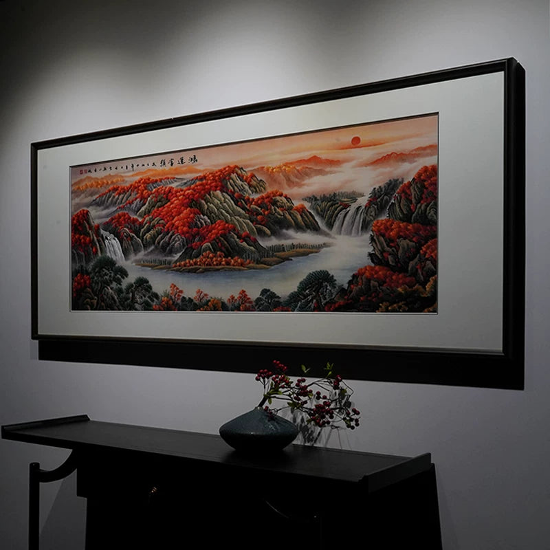 Handmade Artisan Embroidery** Horizontal Auspicious Red Mountain Landscape