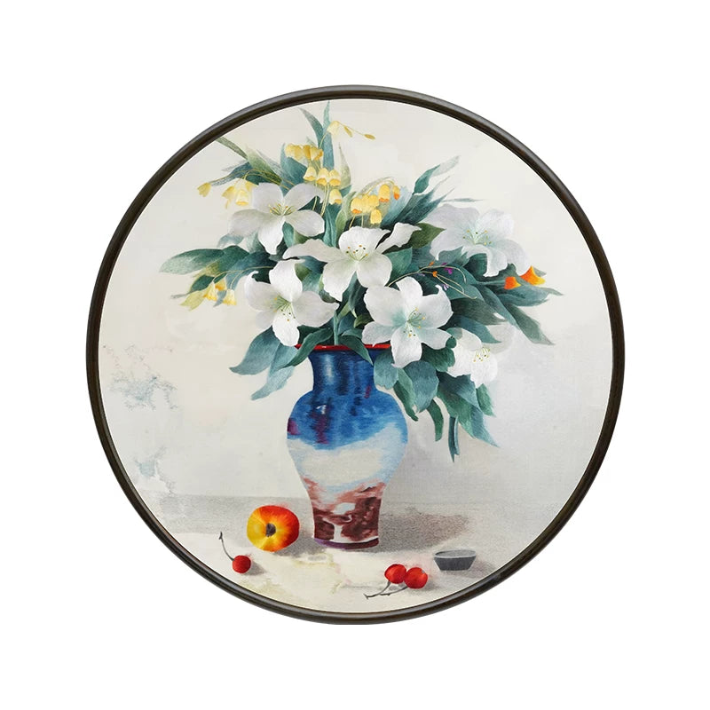Round‑Framed Suzhou Embroidery Peace Vase Wall Hanging, Chinese Floral Art
