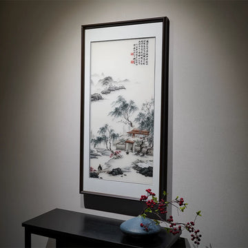 Tranquil Mountain Dwelling Hand Embroidery, Oriental Ink‑Wash Wall Art