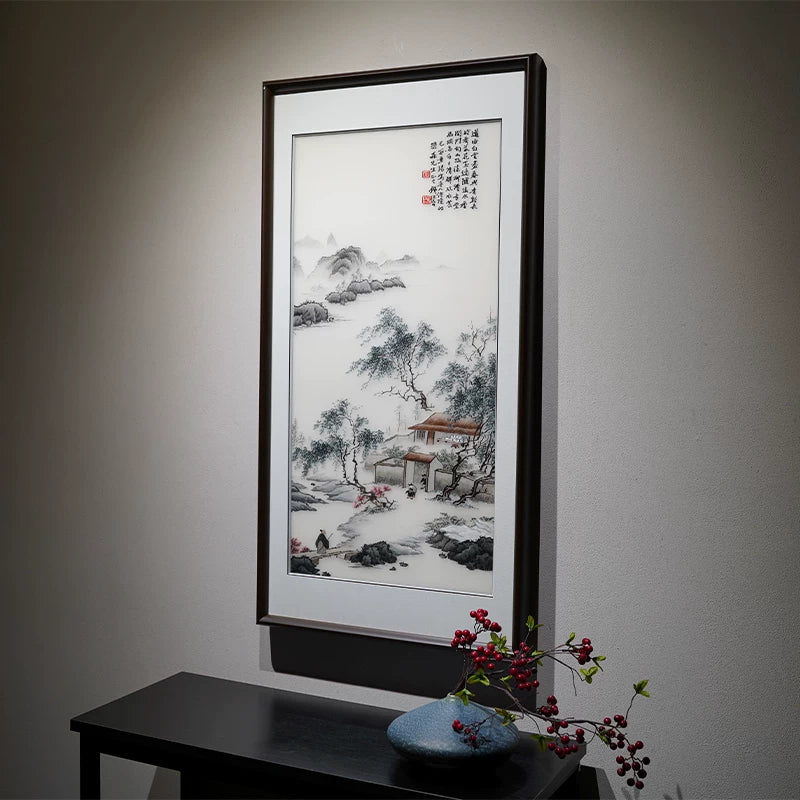 Tranquil Mountain Dwelling Hand Embroidery, Oriental Ink‑Wash Wall Art